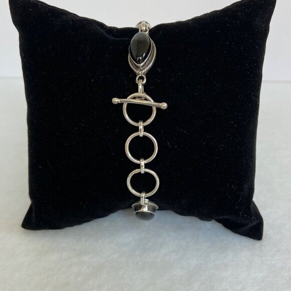 Sterling Silver Southwest Style Marquise Black Onyx Link Bracelet 6"-6.75" - Picture 12 of 16